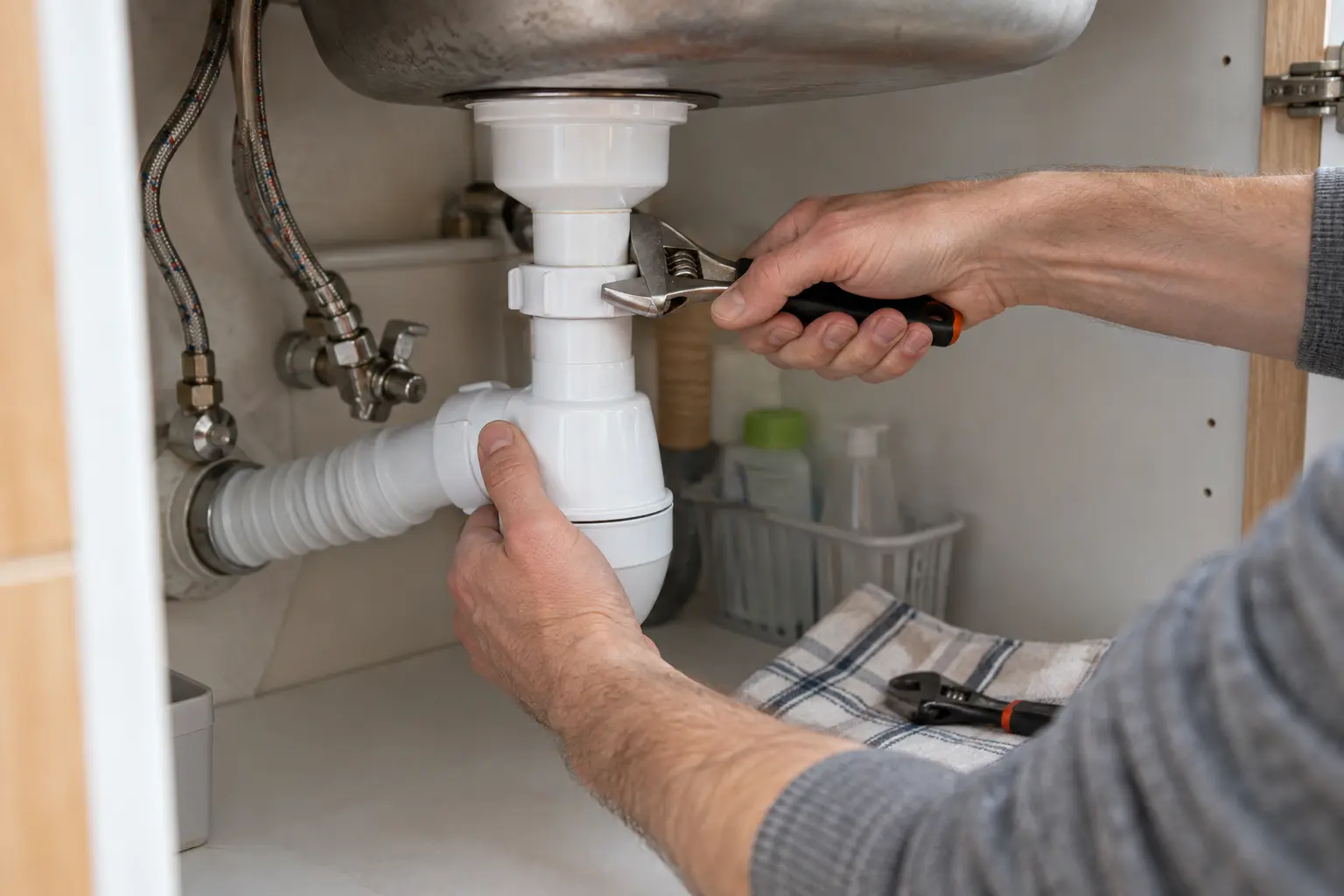 AI-иллюстрация: работа руками с доступным сифоном